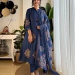 Blue Printed Cotton Anarkali Suit Set