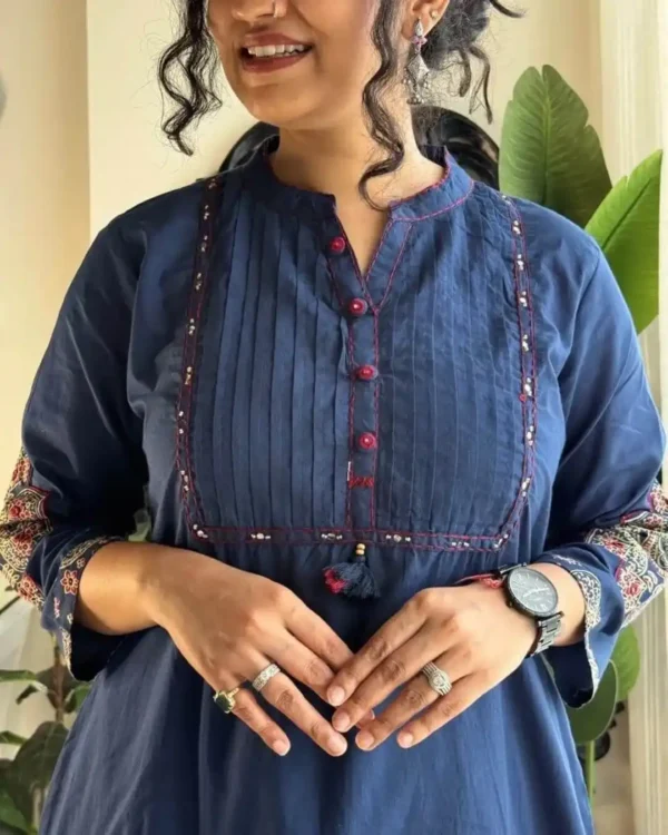 Blue Printed Cotton Anarkali Suit Set