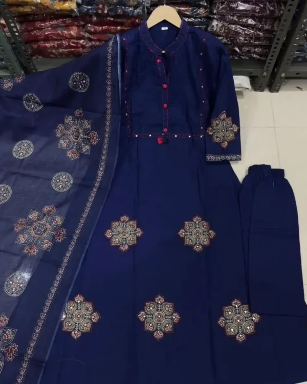 Blue Printed Cotton Anarkali Suit Set
