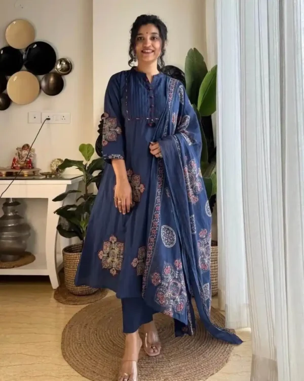 Blue Printed Cotton Anarkali Suit Set
