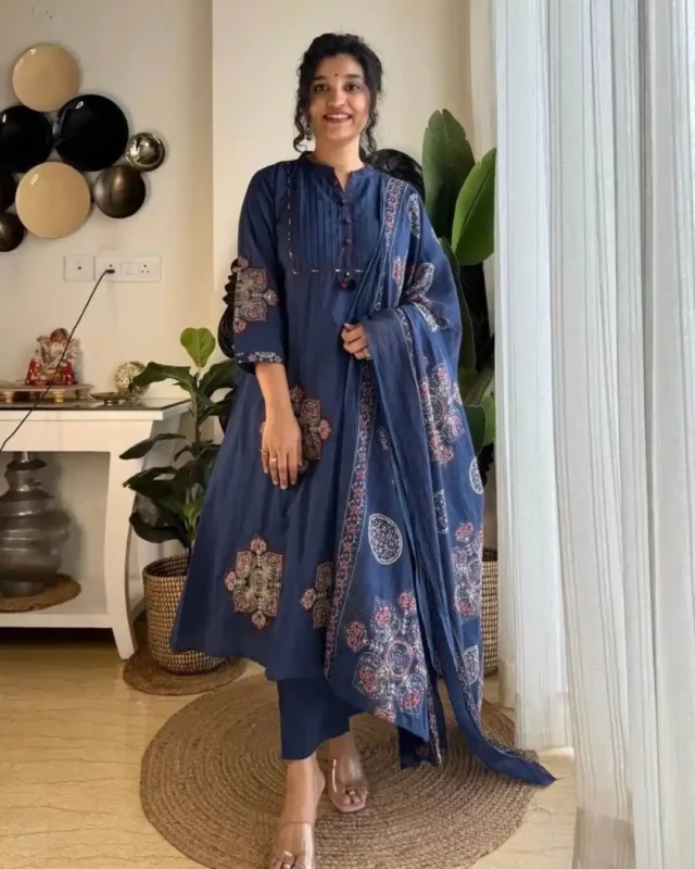 Blue Printed Cotton Anarkali Suit Set