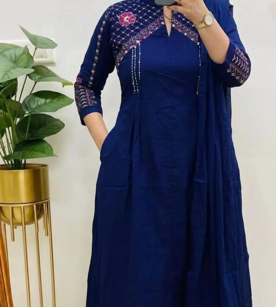 Blue Sanganeri Print Kurti Pant Dupatta Set​