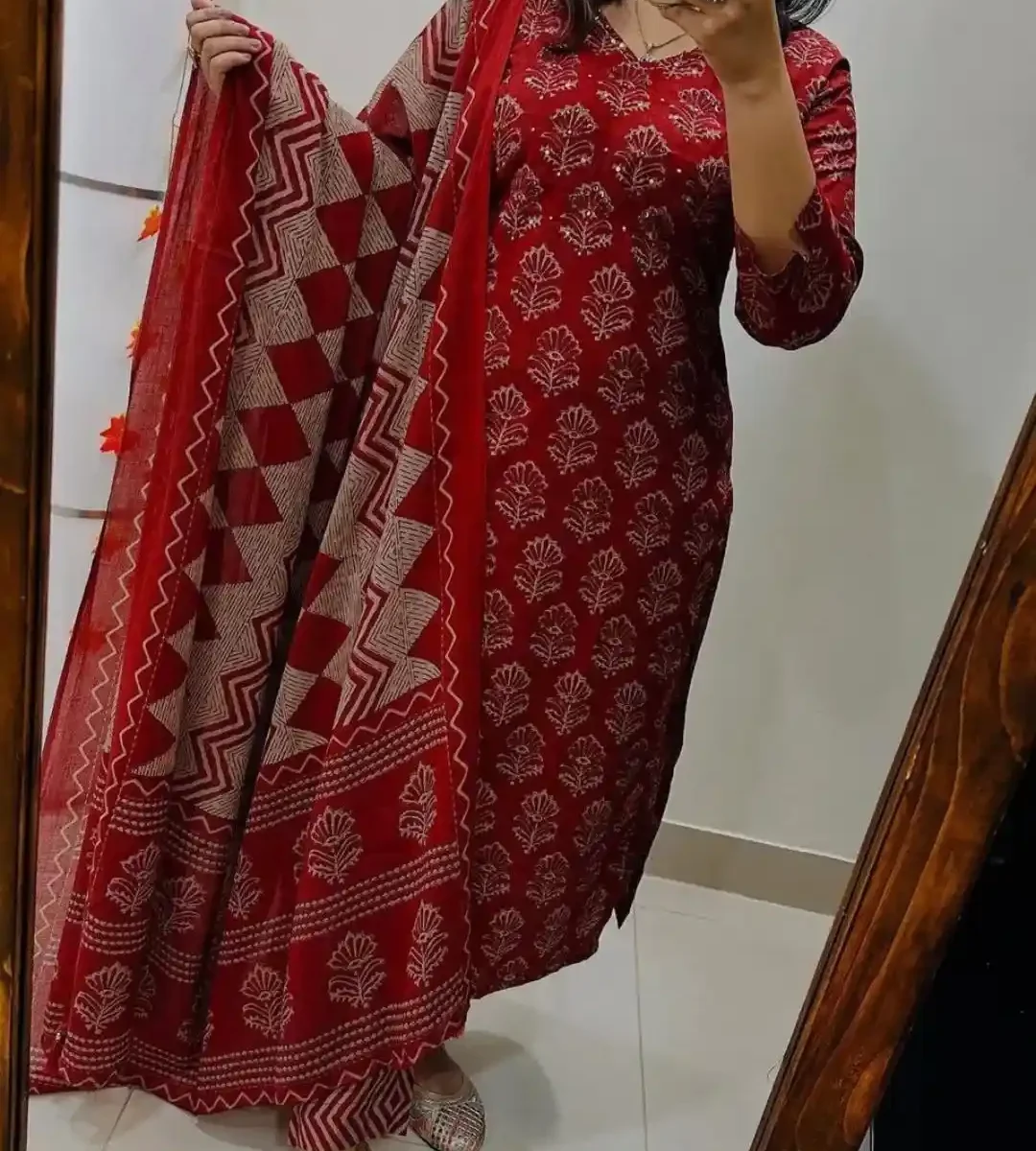 Cotton Ajrak Print Kurti Pant Dupatta Set