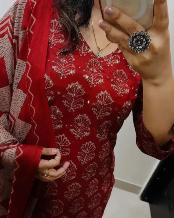 Cotton Ajrak Print Kurti Pant Dupatta Set