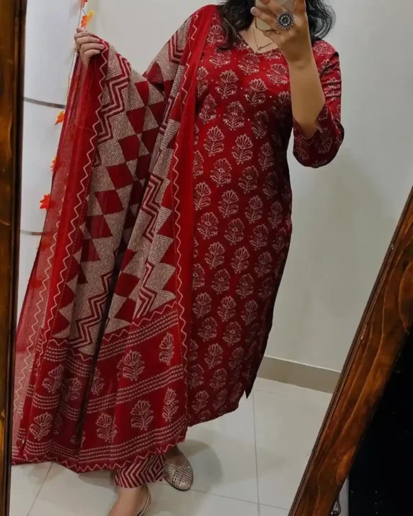 Cotton Ajrak Print Kurti Pant Dupatta Set