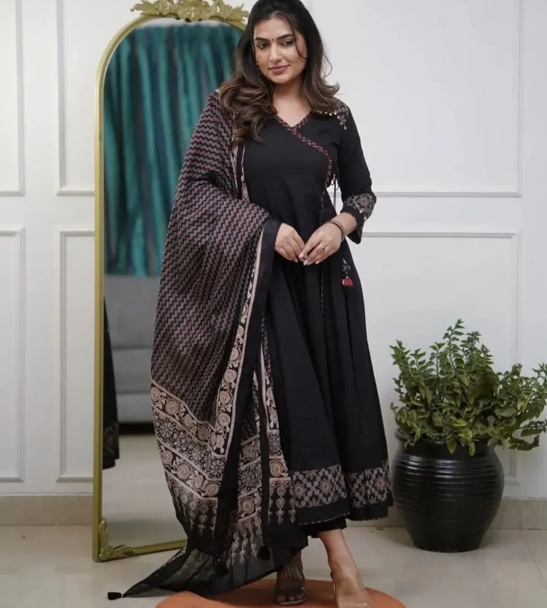 Cotton Black Anarkali Kurti​ Pant Dupatta Set