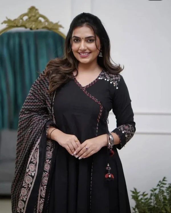 Cotton Black Anarkali Kurti​ Pant Dupatta Set