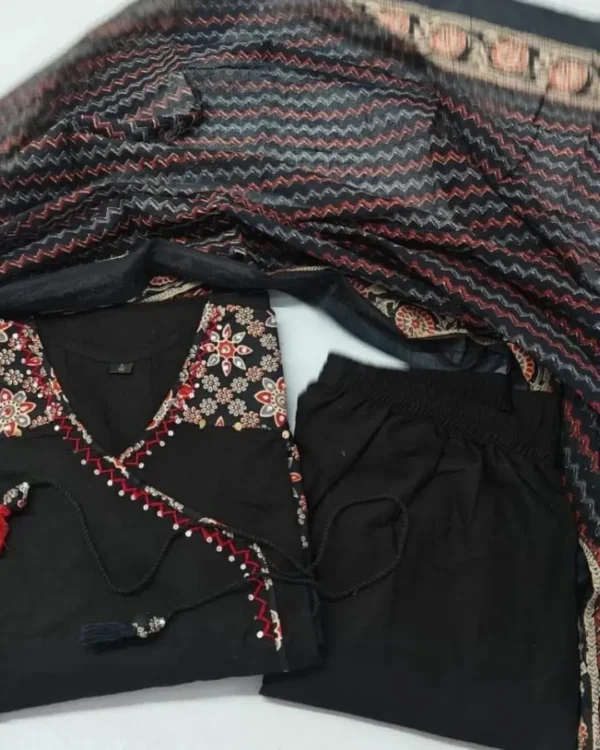 Cotton Black Anarkali Kurti​ Pant Dupatta Set