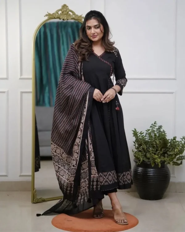 Cotton Black Anarkali Kurti​ Pant Dupatta Set