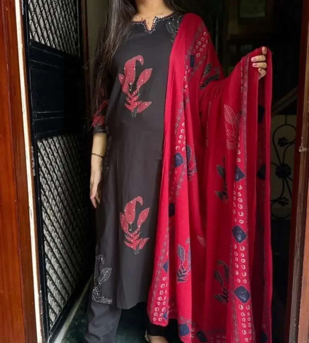 Cotton Black Kurti Pant Dupatta Set
