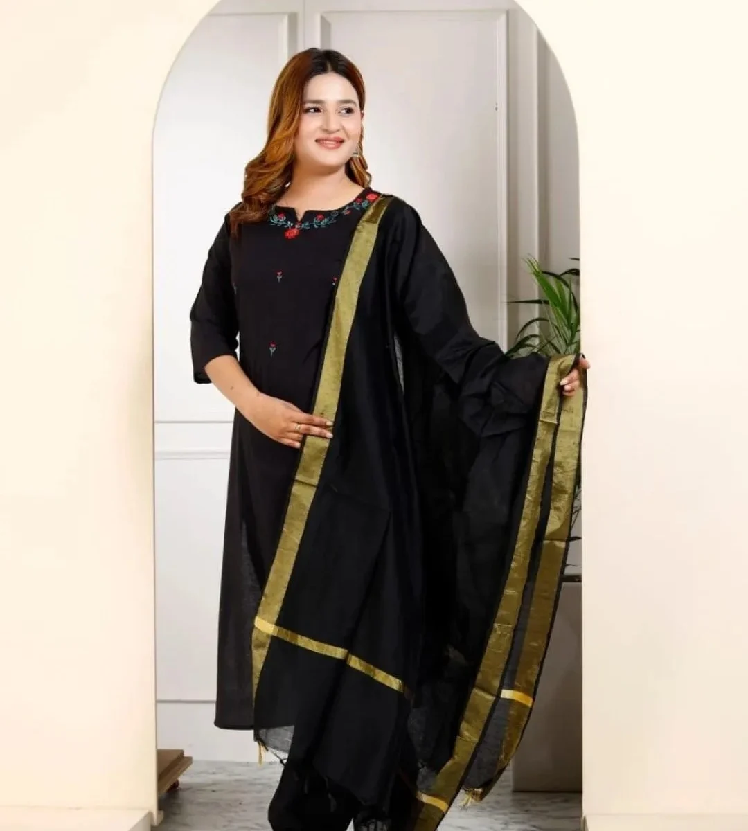Cotton Black Kurti With Dupatta