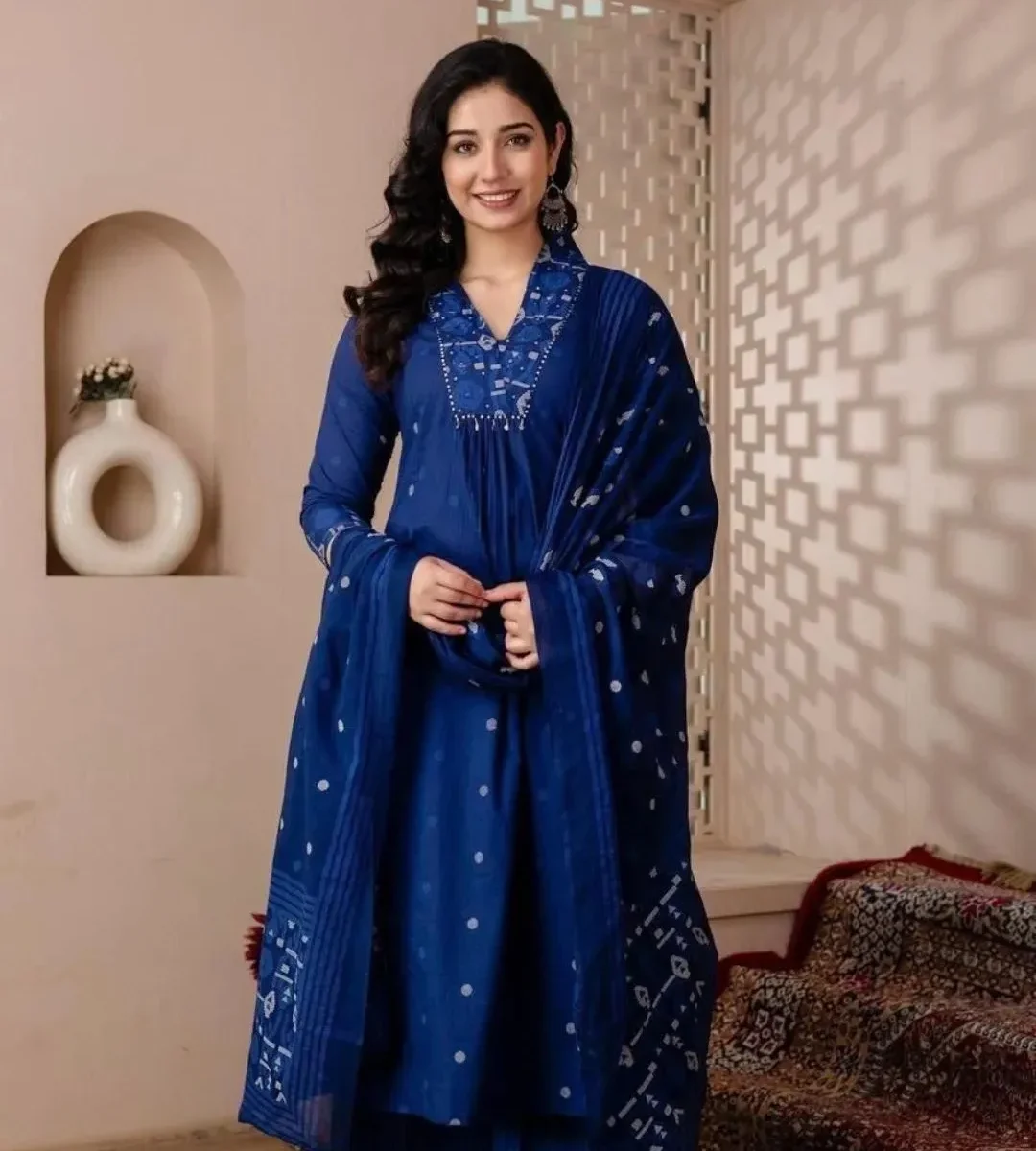 Cotton Blue Anarkali Suit Set