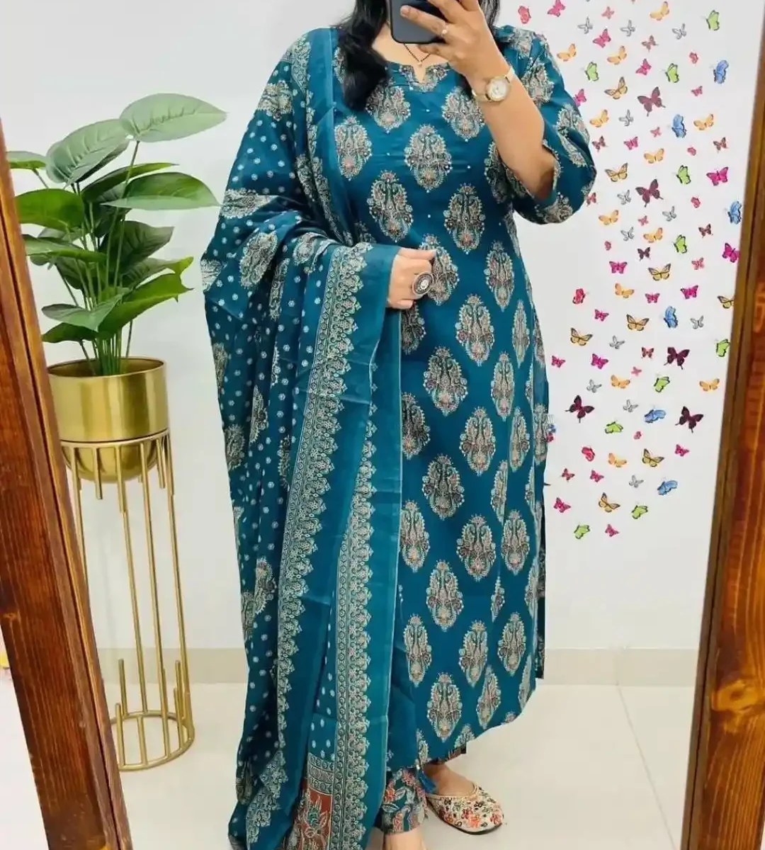 Cotton Blue Floral Kurti Set