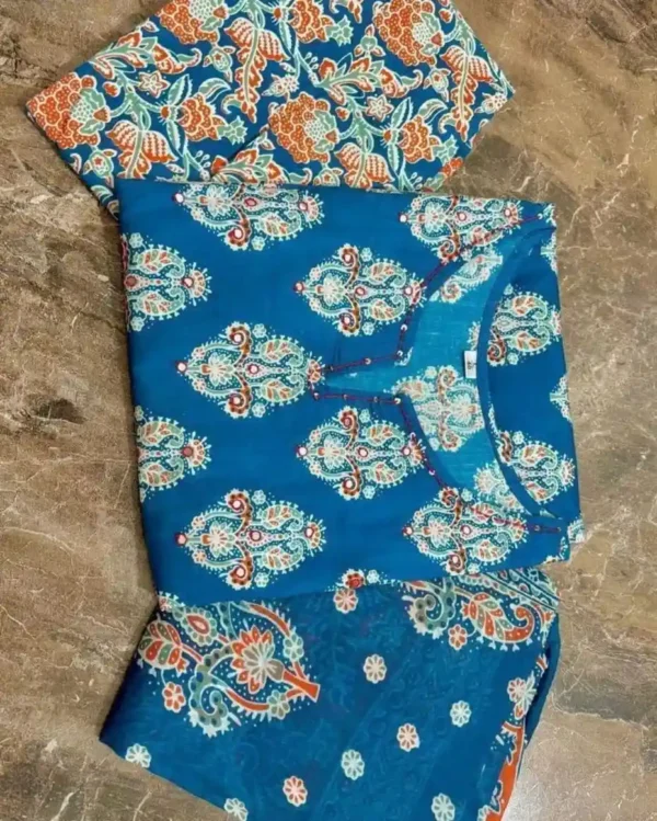 Cotton Blue Floral Kurti Set