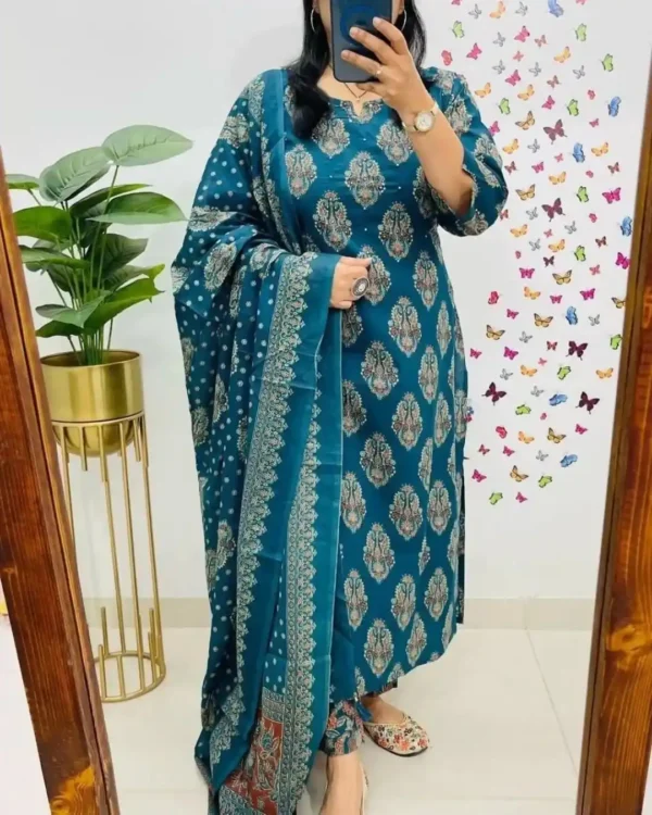 Cotton Blue Floral Kurti Set