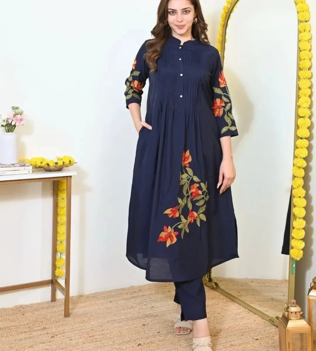 Cotton Dark Blue Kurti Pant Set