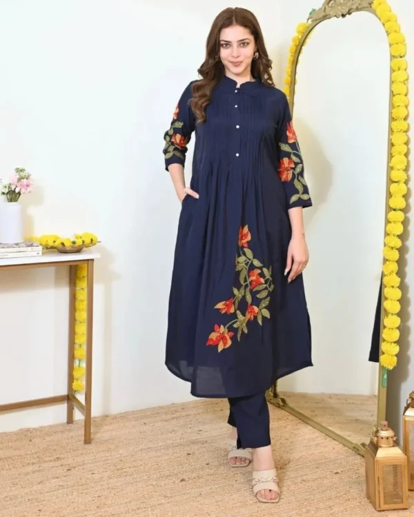 Cotton Dark Blue Kurti Pant Set