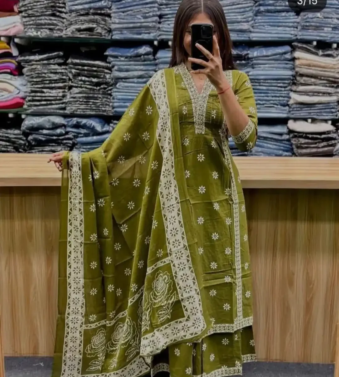 Cotton Dark Green Colour Kurti Pant Set​