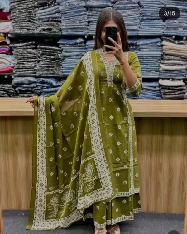 Cotton Dark Green Colour Kurti Pant Set​