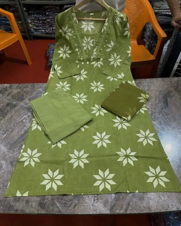 Cotton Dark Green Kurti Pant With Dupatta