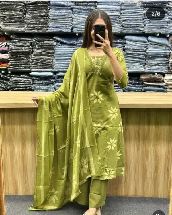 Cotton Dark Green Kurti Pant With Dupatta