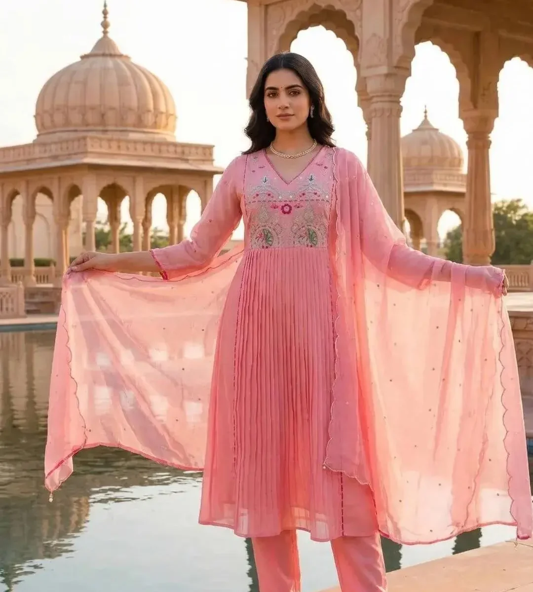 Cotton Embroidered Floral Anarkali Suit Set