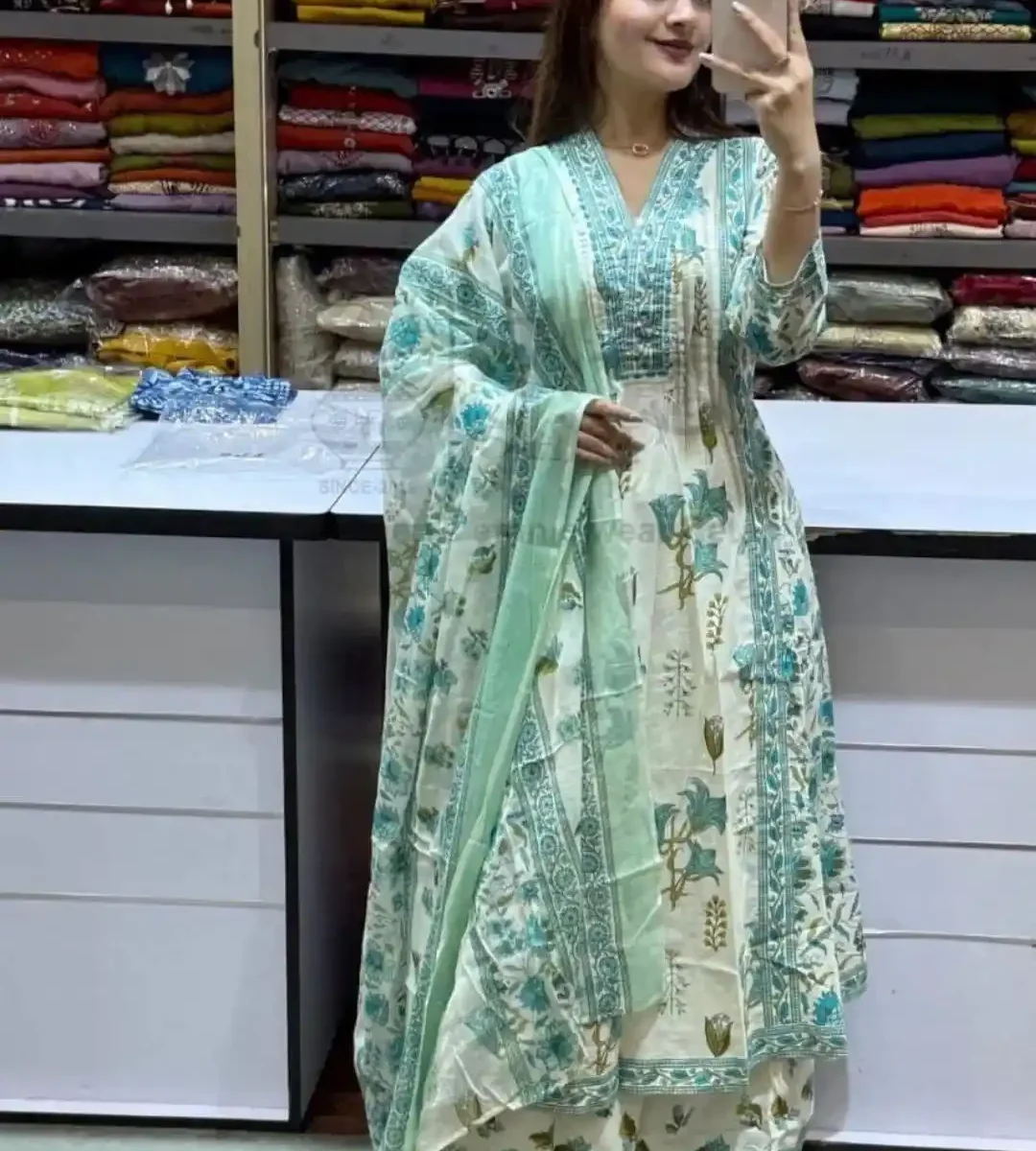 Cotton Floral Print White Suit Set