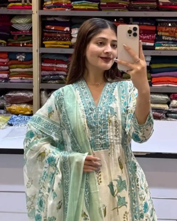Cotton Floral Print White Suit Set