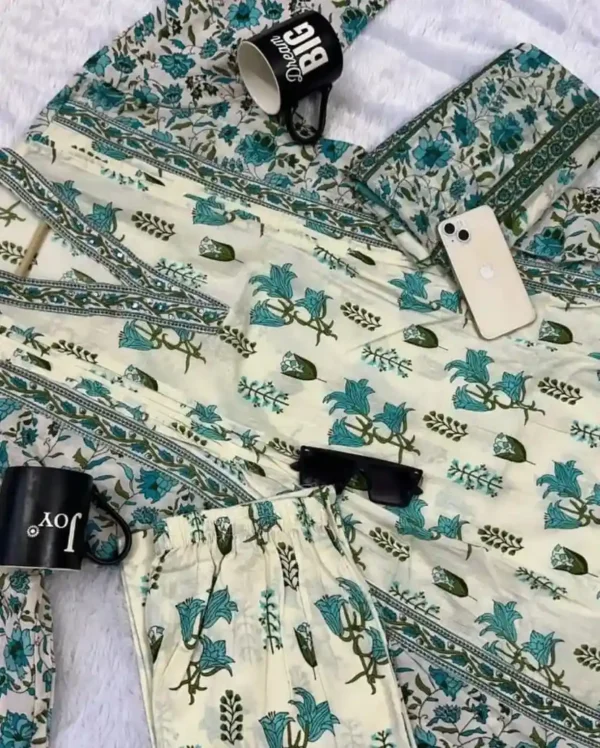 Cotton Floral Print White Suit Set