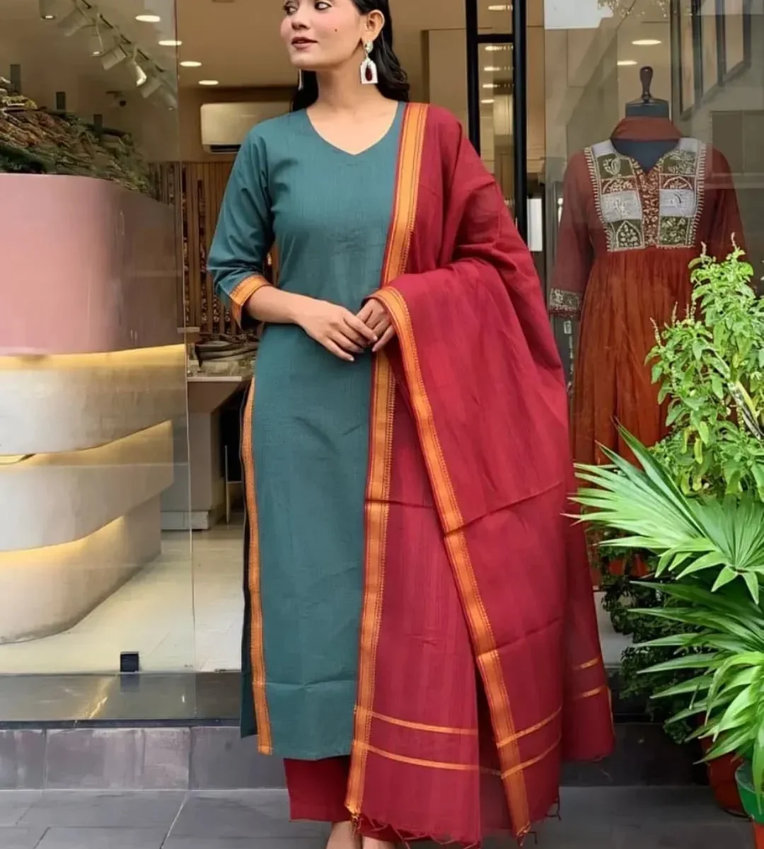Cotton Green Colour Kurti Set