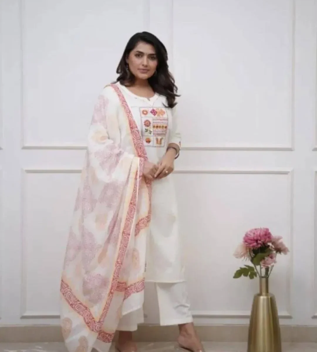 Cotton Kurti White Color With Pant Dupatta​