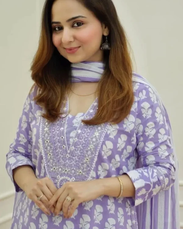 Cotton Lavender Colour Kurti Set