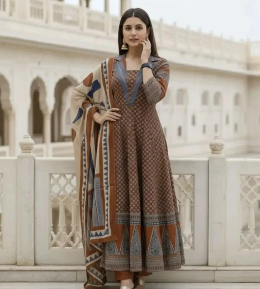 Cotton Maroon Anarkali Floral Print Kurta Set