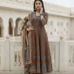 Cotton Maroon Anarkali Floral Print Kurta Set