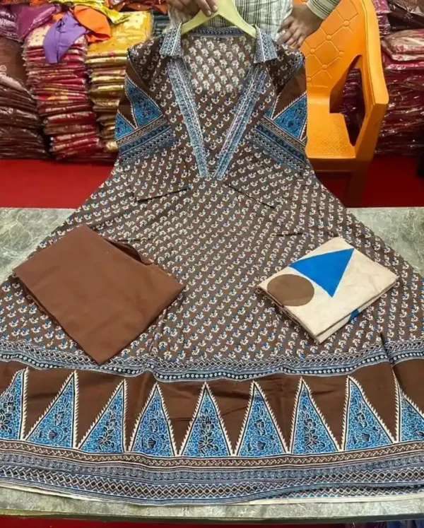 Cotton Maroon Anarkali Floral Print Kurta Set