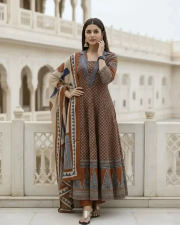 Cotton Maroon Anarkali Floral Print Kurta Set