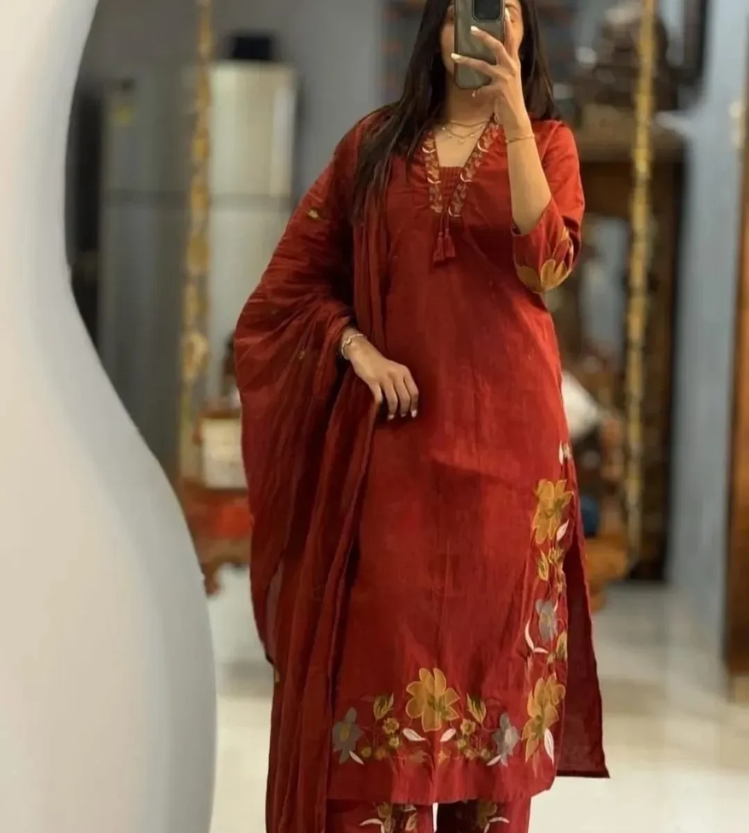 Cotton Maroon Floral Print Suit Set