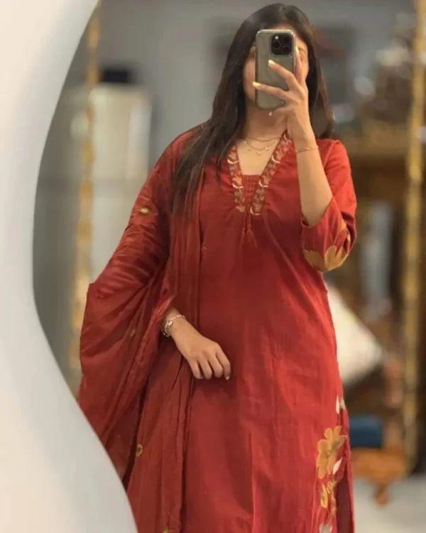 Cotton Maroon Floral Print Suit Set