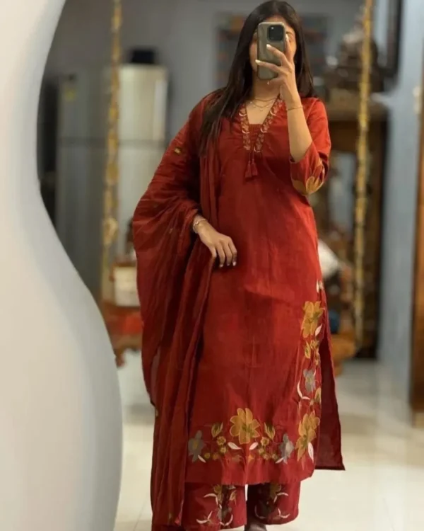 Cotton Maroon Floral Print Suit Set