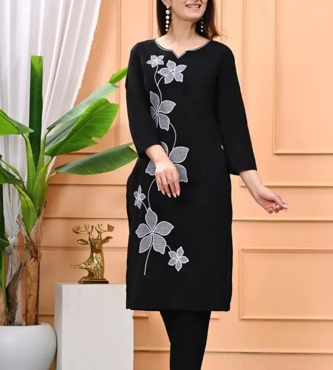 Cotton Office Wear Black Kurti Pant Set