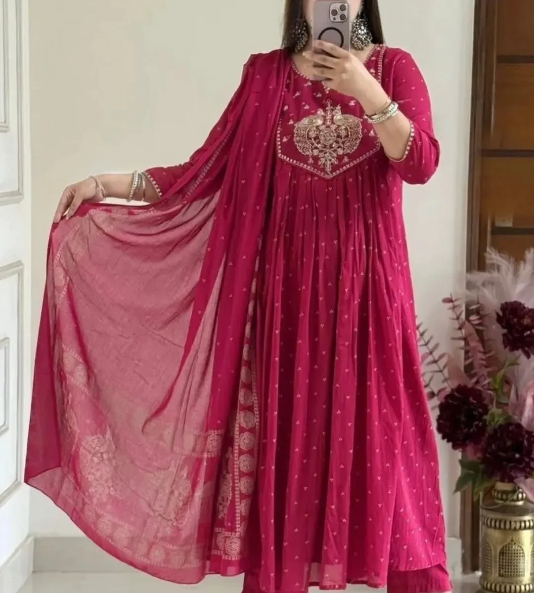 Rani Pink Floral Print Kurti Pant With Dupatta
