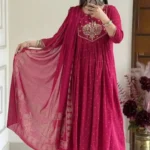 Rani Pink Floral Print Kurti Pant With Dupatta
