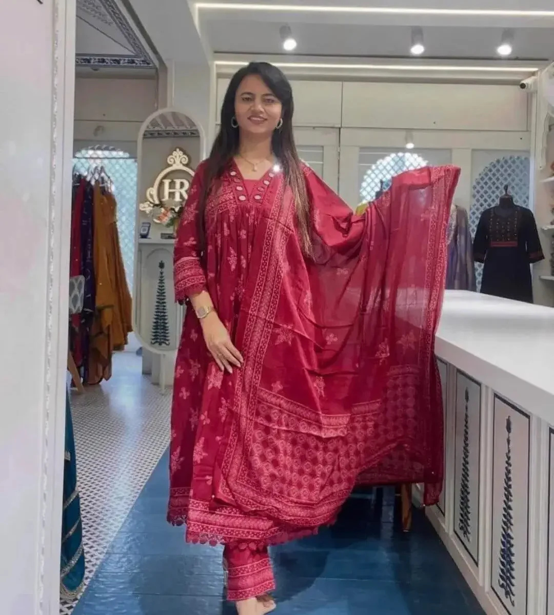 Cotton Printed Anarkali Suit Set