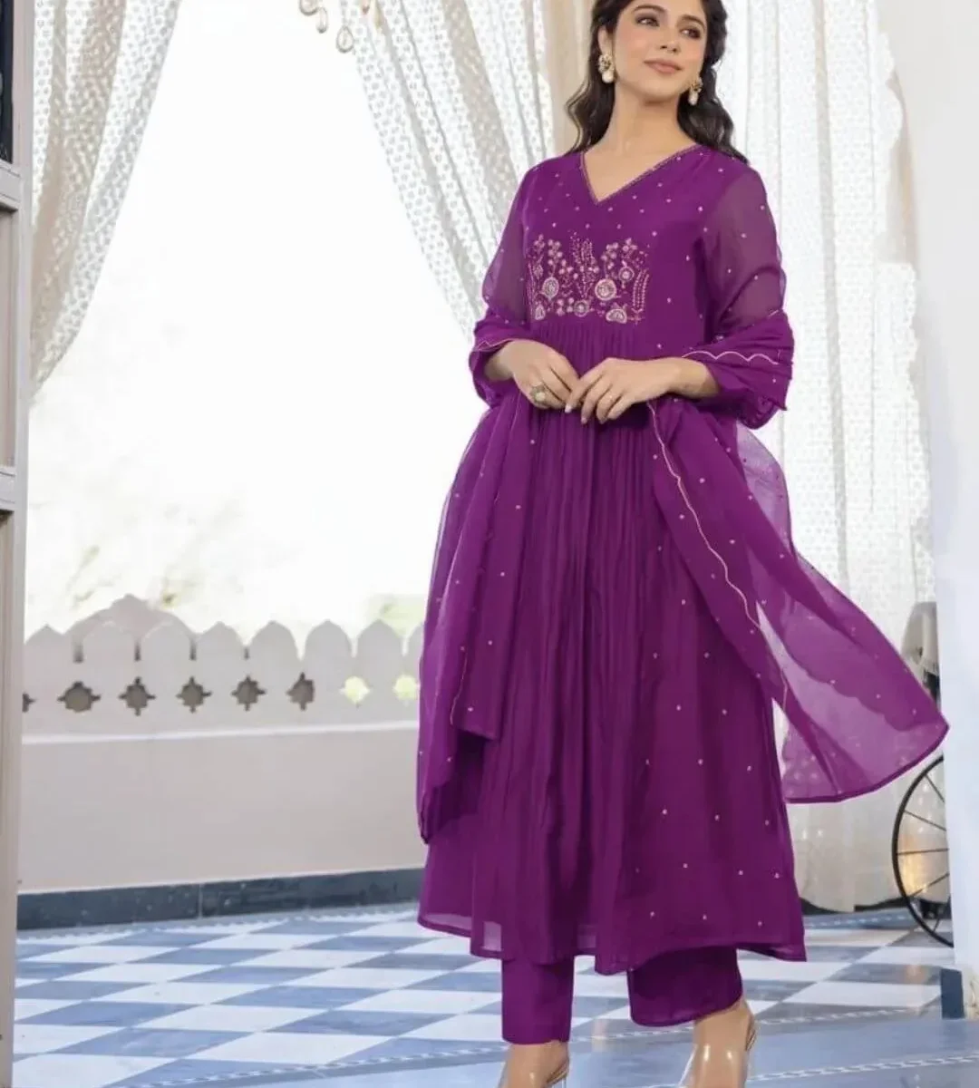 Cotton Printed Purple Suit Set For Women