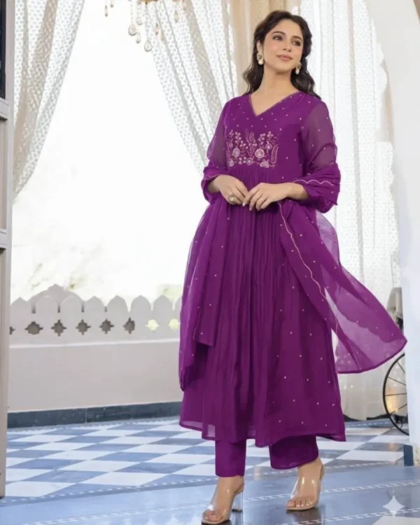 Cotton Printed Purple Suit Set For Women