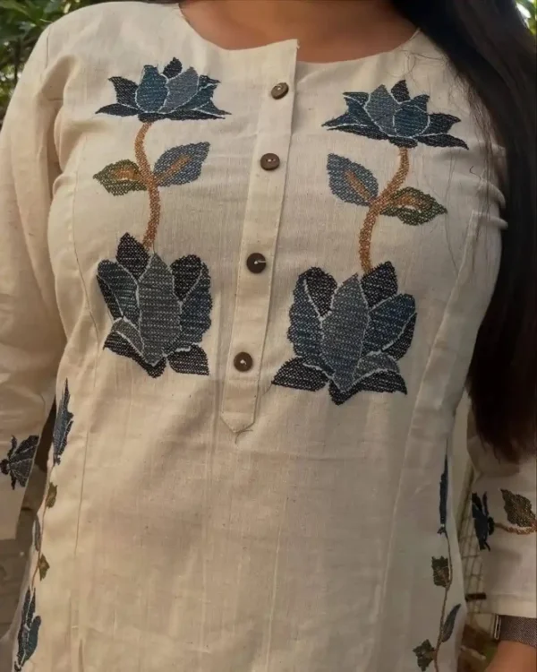 Cotton Printed White Kurti Pant Set