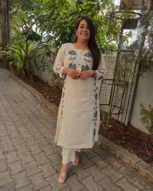 Cotton Printed White Kurti Pant Set