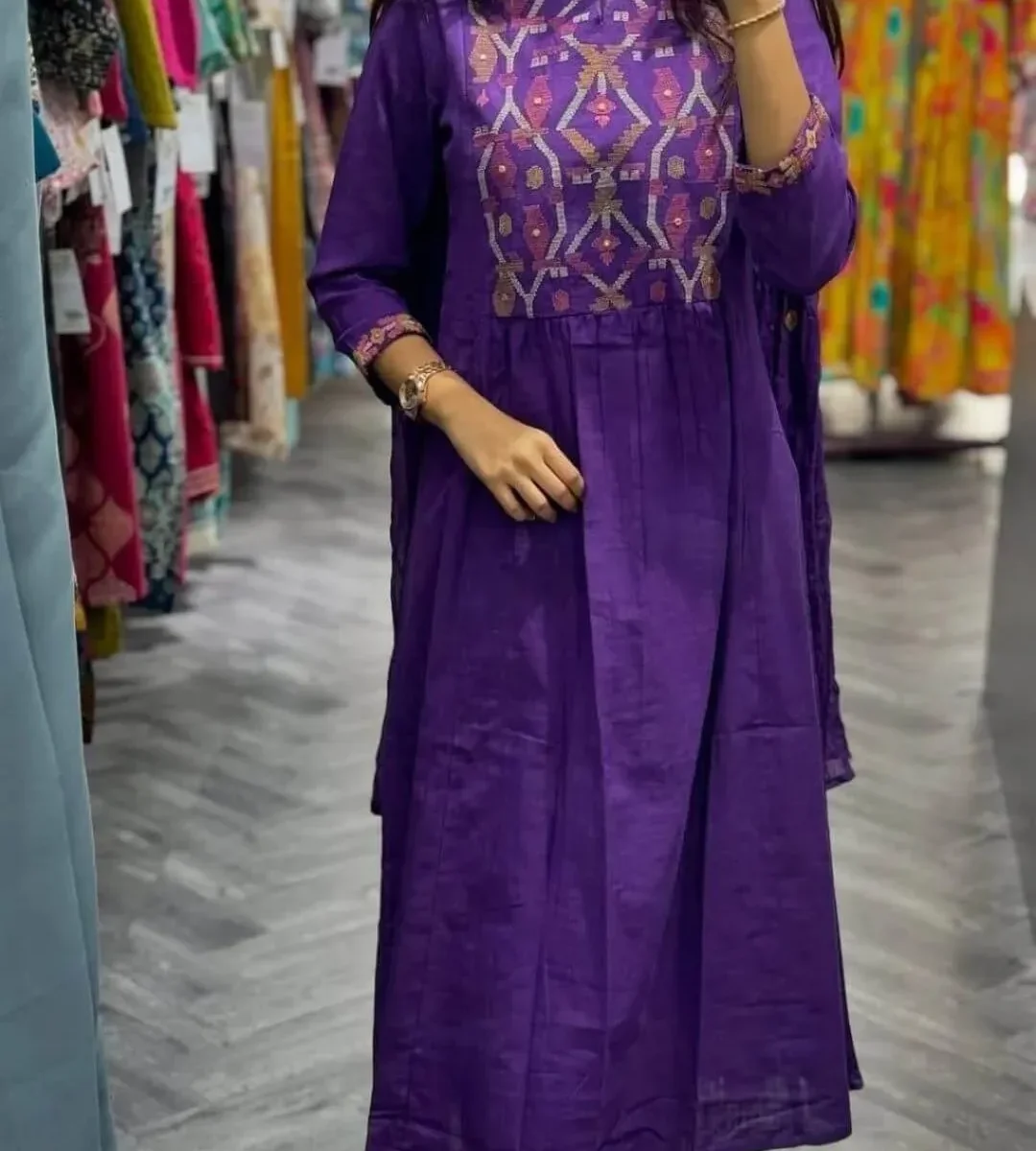 Cotton Purple Kurti Set With Dupatta Set