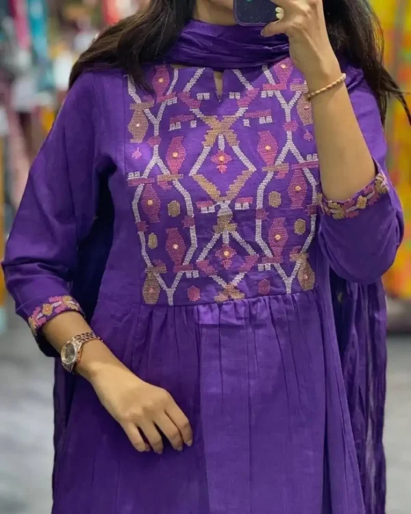 Cotton Purple Kurti Set With Dupatta Set