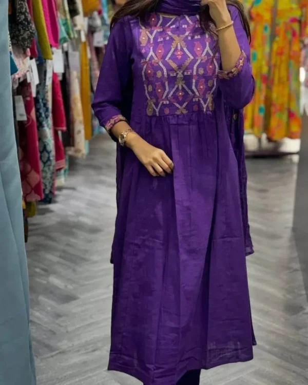 Cotton Purple Kurti Set With Dupatta Set